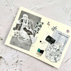 Collage of black and white illustrations on a textured beige background