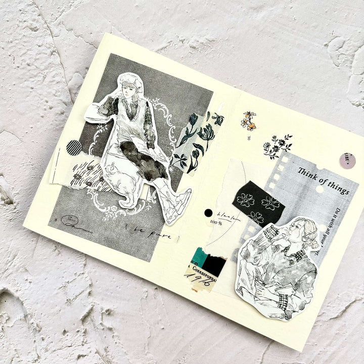 Label Paper Label Sticker Tape black and white illustrations collaged on a textured beige backdrop