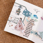 Decorative paper with text and illustrations on a textured surface