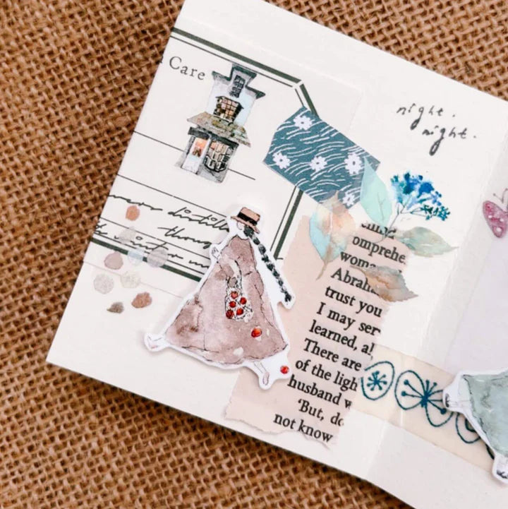 Decorative paper with text and illustrations on a textured surface