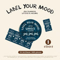 Product packaging for 'Label Your Mood' stickers with branding and product details on a beige background.