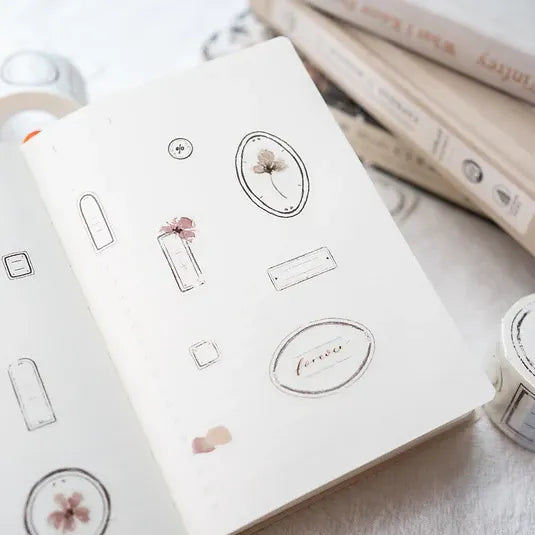 White box decorated with Label Washi Tape floral label designs on a light background, close-up