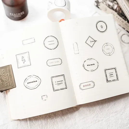 Sheet of Label Washi Tape black and white templates with a stamp and ink pad styled alongside