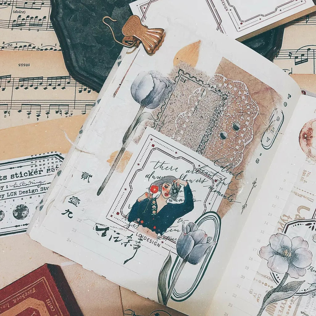 Lace PET Tape vintage cards with illustrations and text on a music sheet background