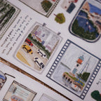 Illustrated postcards with various scenes and text on a white background