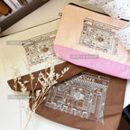 Three fabric swatches in cream, blush, and roasted bean colors with architectural design on a neutral background.