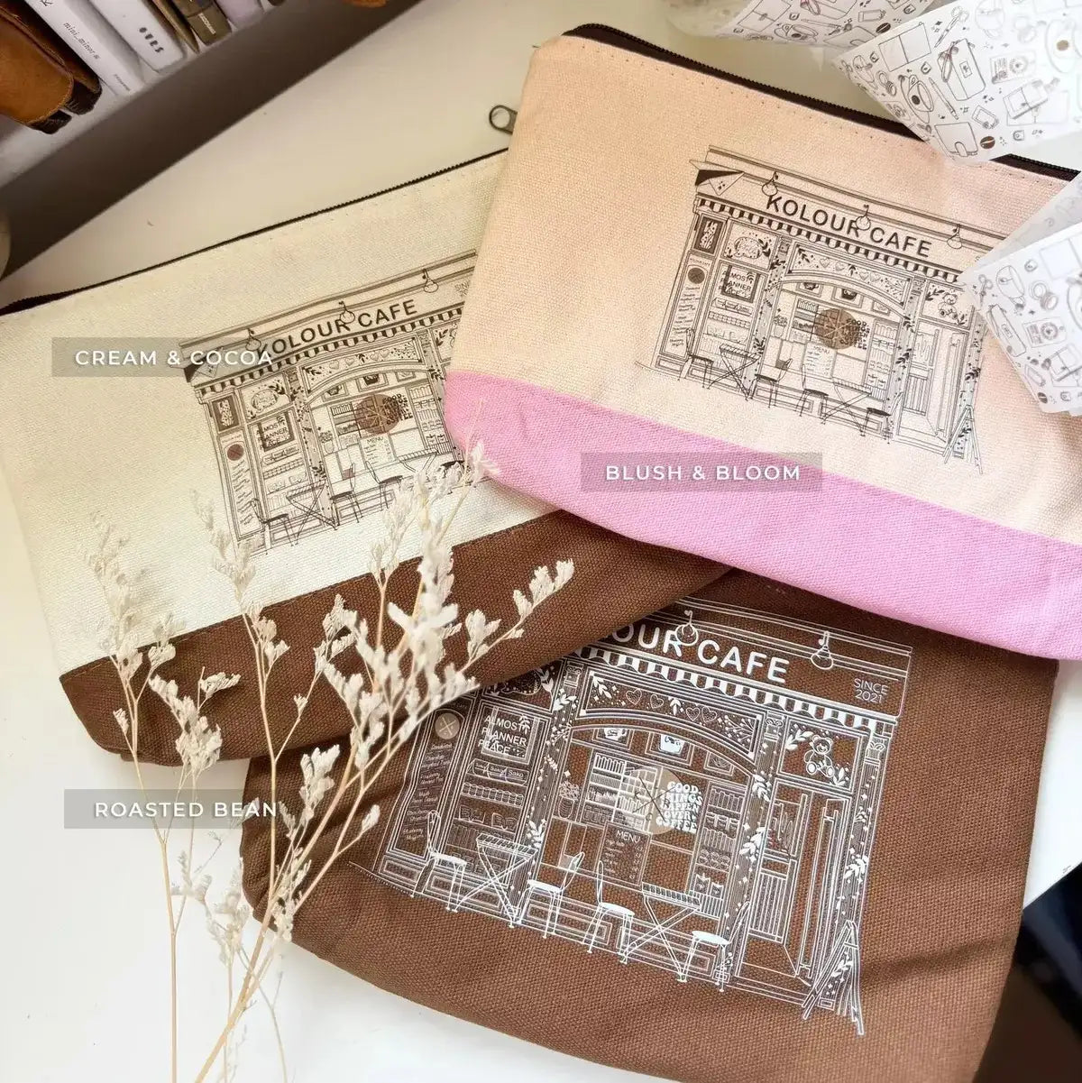 Large Pen Pouch fabric options in cream, blush and roasted bean with architectural artwork