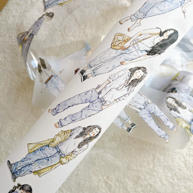 Leisurely A37 PET Tape figure illustrations laid out on a white surface, top view