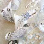 Roll of paper with illustrations of people on a beige background