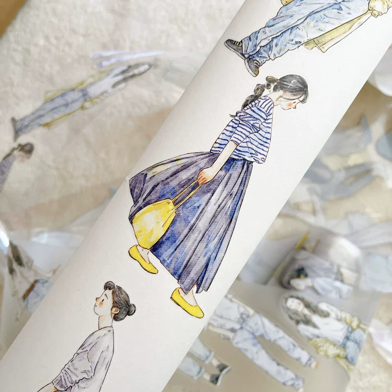 Close-up of a Leisurely A37 PET Tape blue-dress figure design on a beige backdrop
