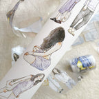 Sheet of illustrated stickers featuring people in various poses on a textured surface.
