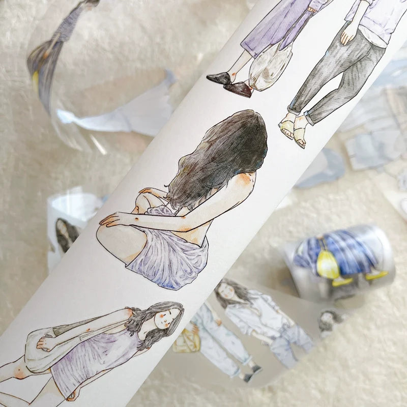 Sheet of Leisurely A37 PET Tape people illustrations displayed on a textured surface