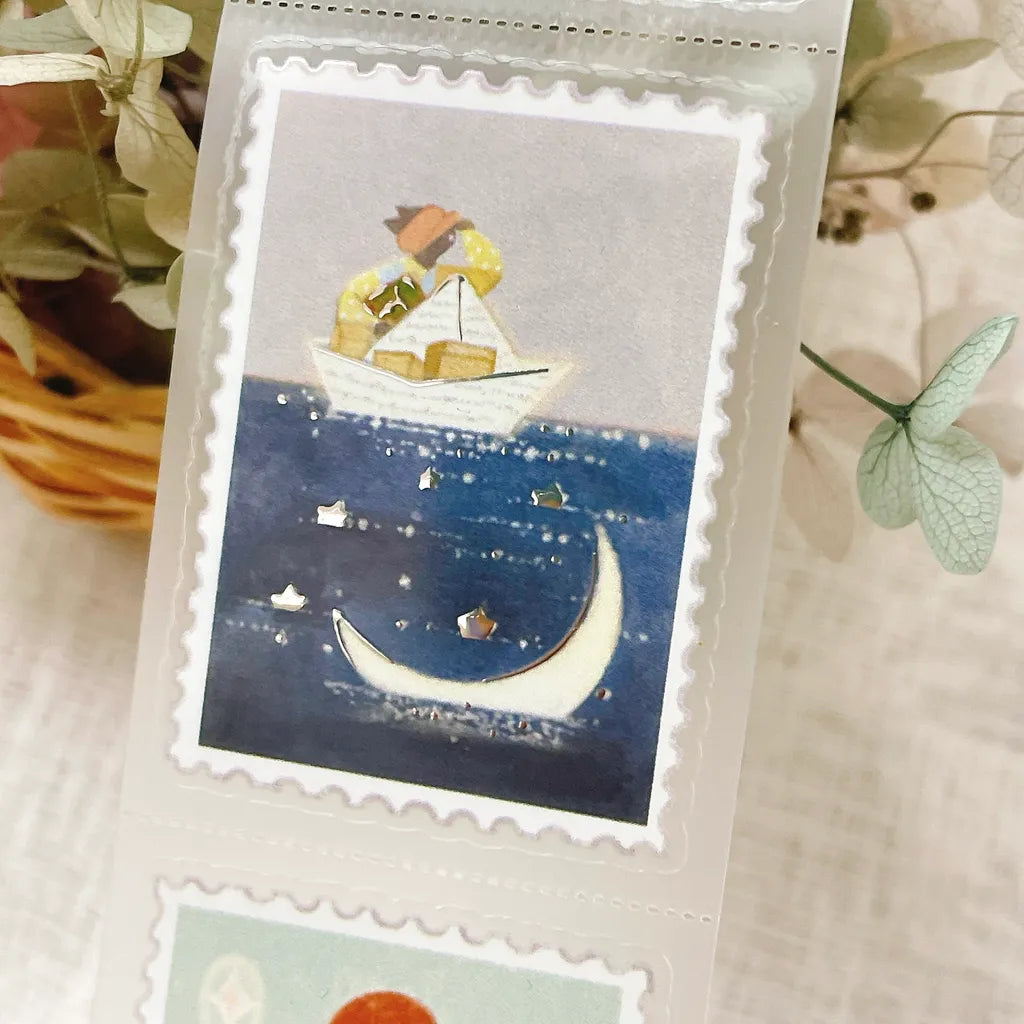 Letters To Self stamp sticker of a girl holding a baby, lifted with craft tweezers