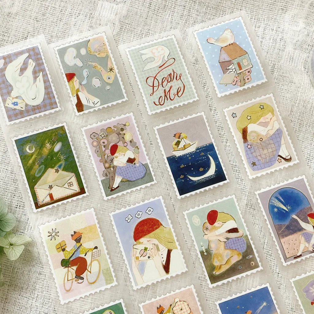 Letters To Self stamp sticker of a girl hugging a cat under a whimsical tree, close-up