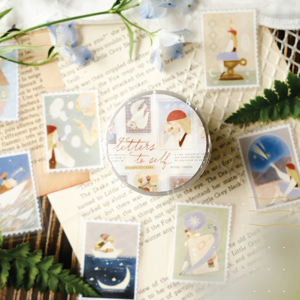 Round product with 'Letters to Self' text on a textured surface with decorative cards and plants.