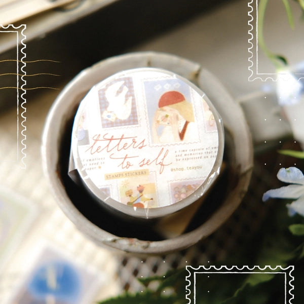 Round product packaging with 'Letters to Self' text on a decorative background