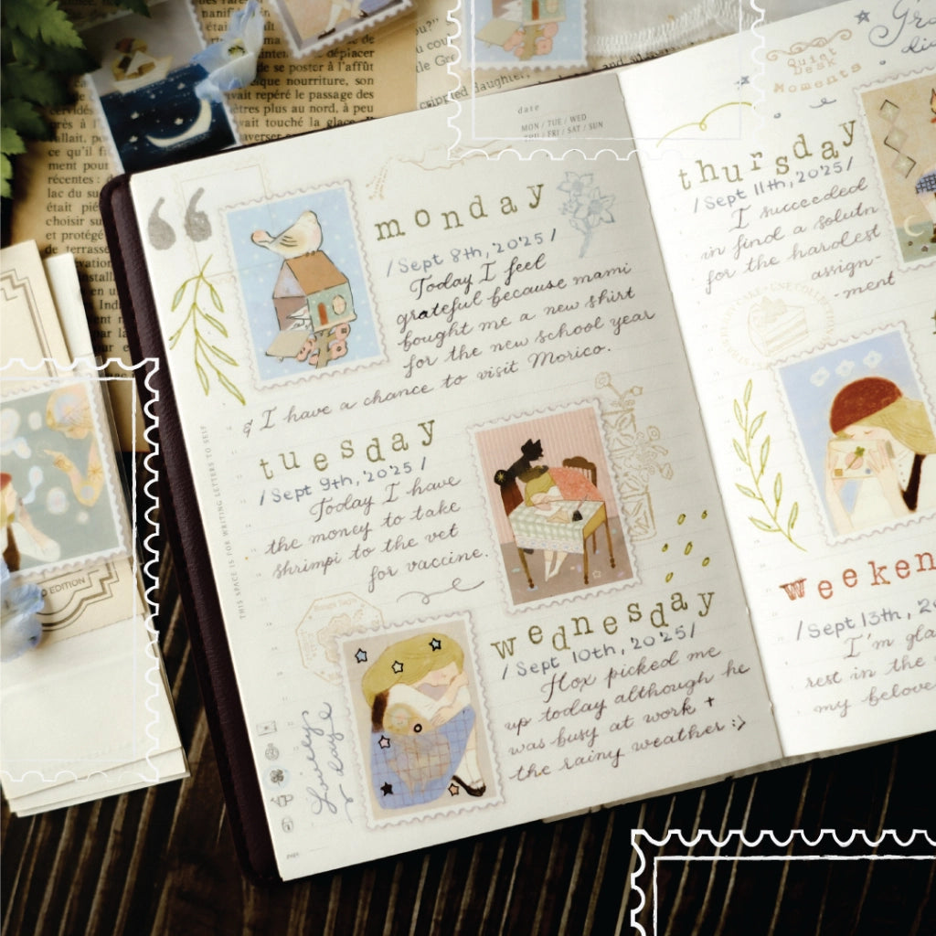 Weekly planner with illustrated daily entries on a textured surface