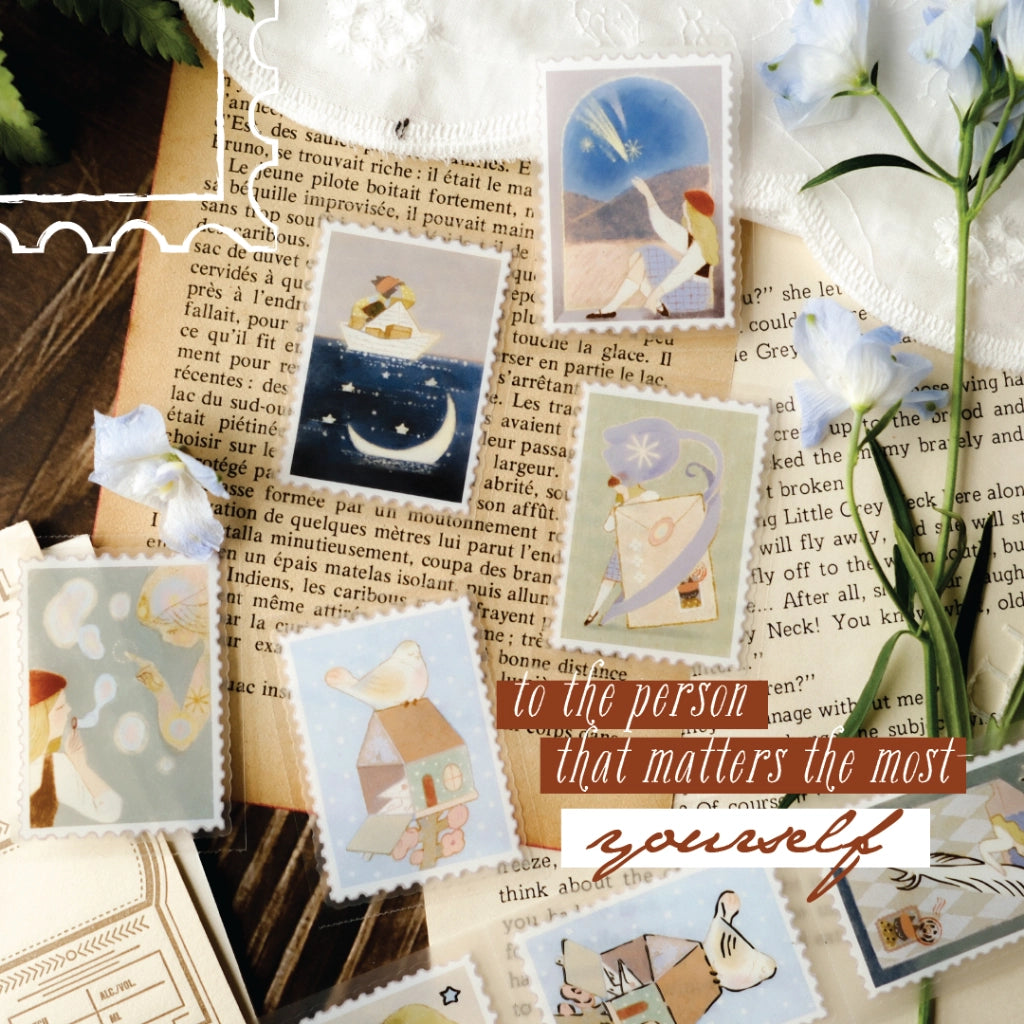Collage of vintage-style cards with illustrations and text on a textured surface.