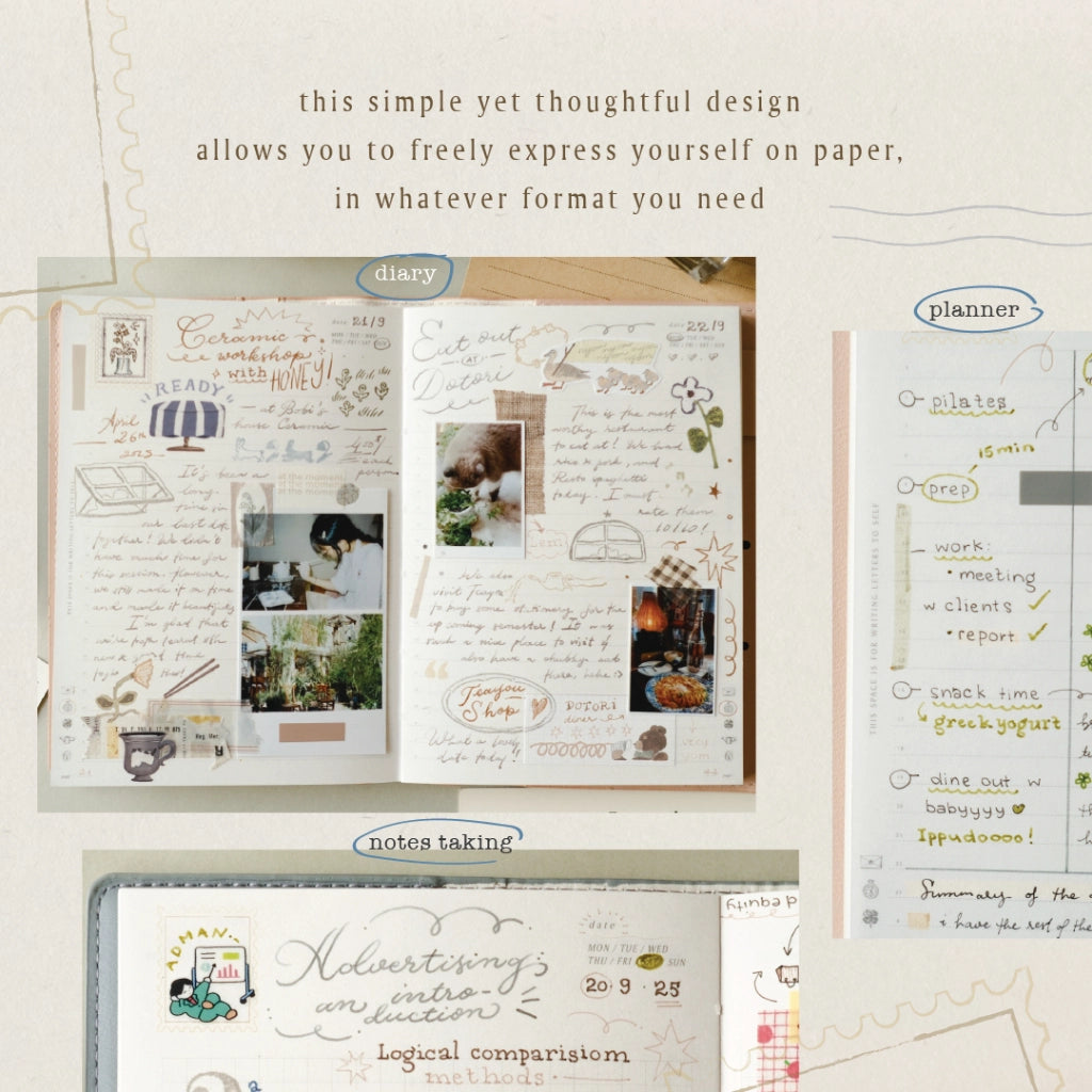 Open notebook with various pages including photos, text, and a planner layout on a light background.