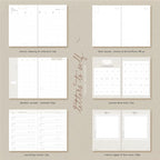 Collection of planner pages on a beige background with text indicating different types of pages.