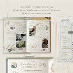 Open notebook with various pages including photos, text, and a planner layout on a light background.