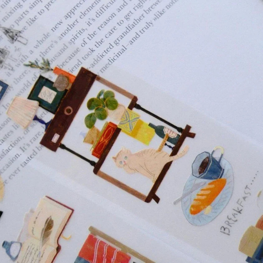 Life With Cats PET Tape scene of a cat, plants and a plate of food styled on a book page