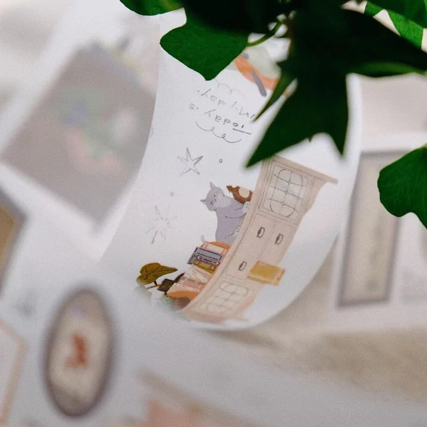 Life With Cats PET Tape hand-drawn design styled with green leaves on a white surface
