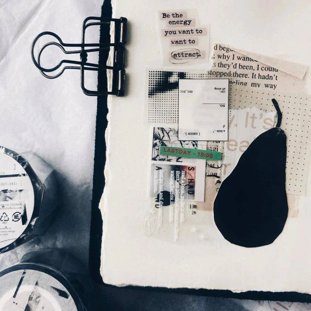 Limbo PET Tape styled with a black eye mask, text and stationery items on a white surface