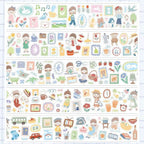 Set of colorful illustrated stickers with various scenes and objects on a white background.