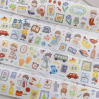 Set of colorful illustrated washi tape rolls with various designs.