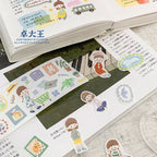 Sticker book with various stickers including people, plants, and objects on a textured surface.
