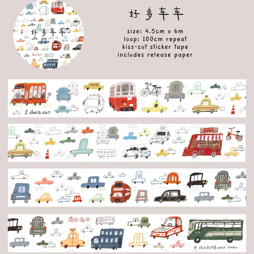 Strip of Lots of Cars Sticker Tape cartoon car designs on a warm beige background