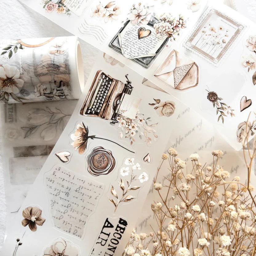 Love Letters PET Tape motifs of cards, flowers and a typewriter styled on a light background