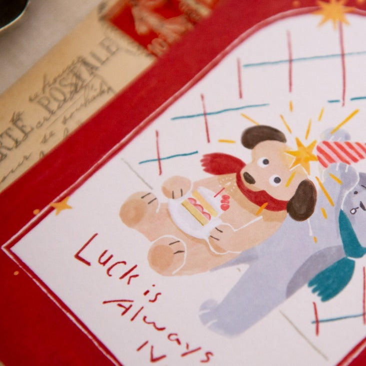 Surprise Post Card by OURS Studio — dog, cat and star illustration on a red-bordered postcard, for journaling
