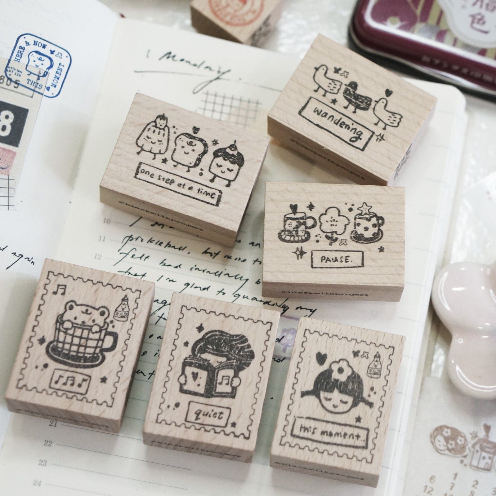 This Moment Rubber Stamp medium set by Black Milk Project with cozy scene designs, full set view