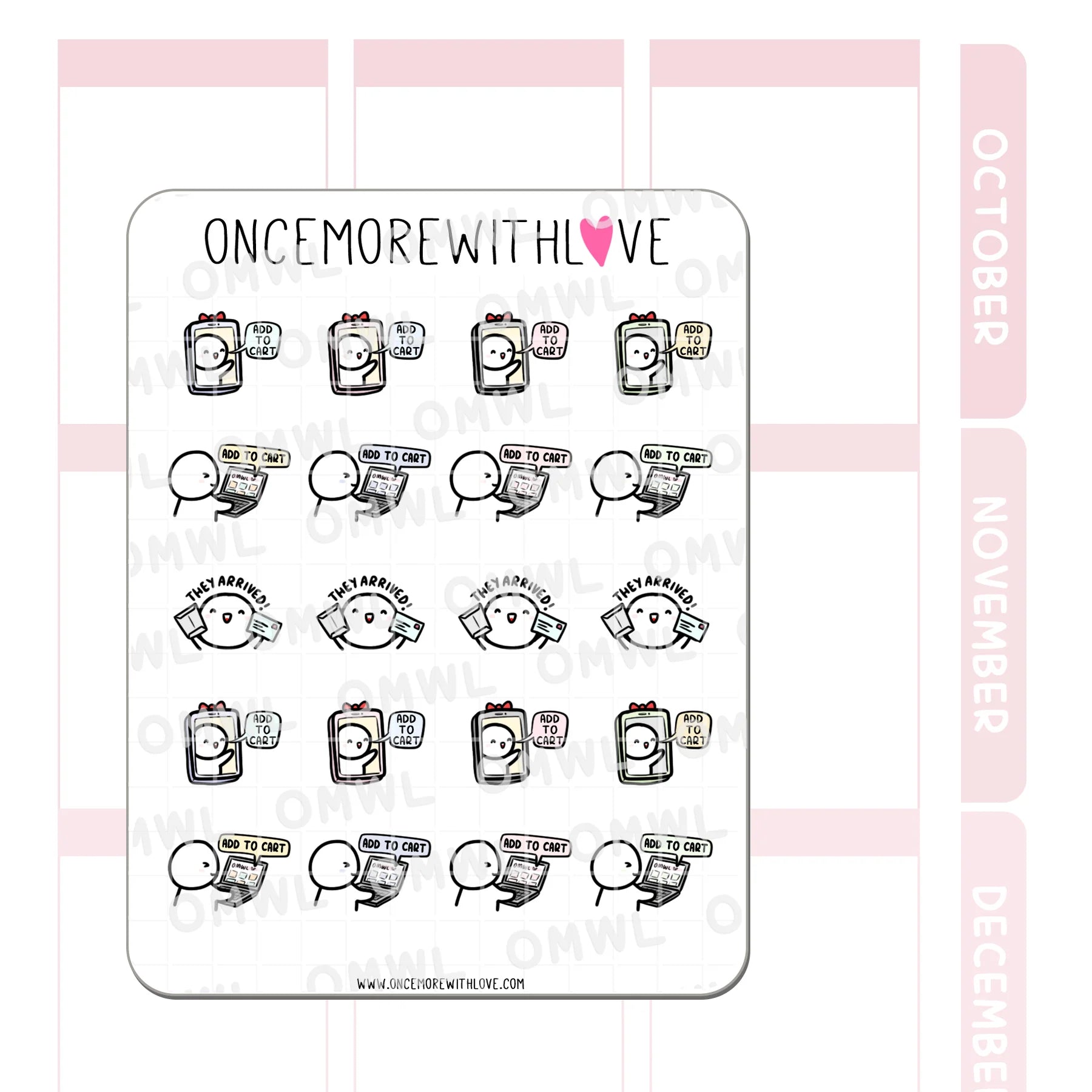Close-up detail of the Add To Cart Sticker Sheet milestone munchkin shopping illustrations