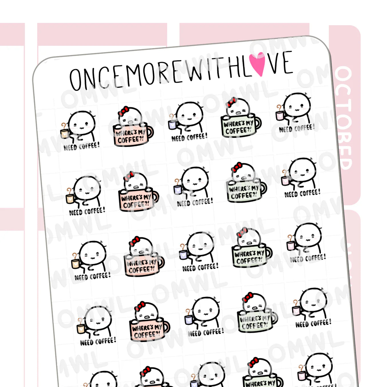 Need Coffee Munchkins Sticker Sheet by OnceMoreWithLove with relatable caffeine craving stickers