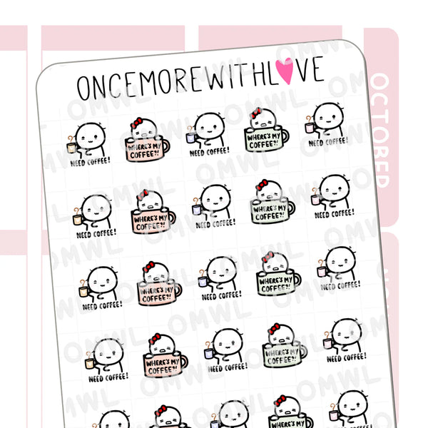 Need Coffee Munchkins Sticker Sheet by OnceMoreWithLove with relatable caffeine craving stickers