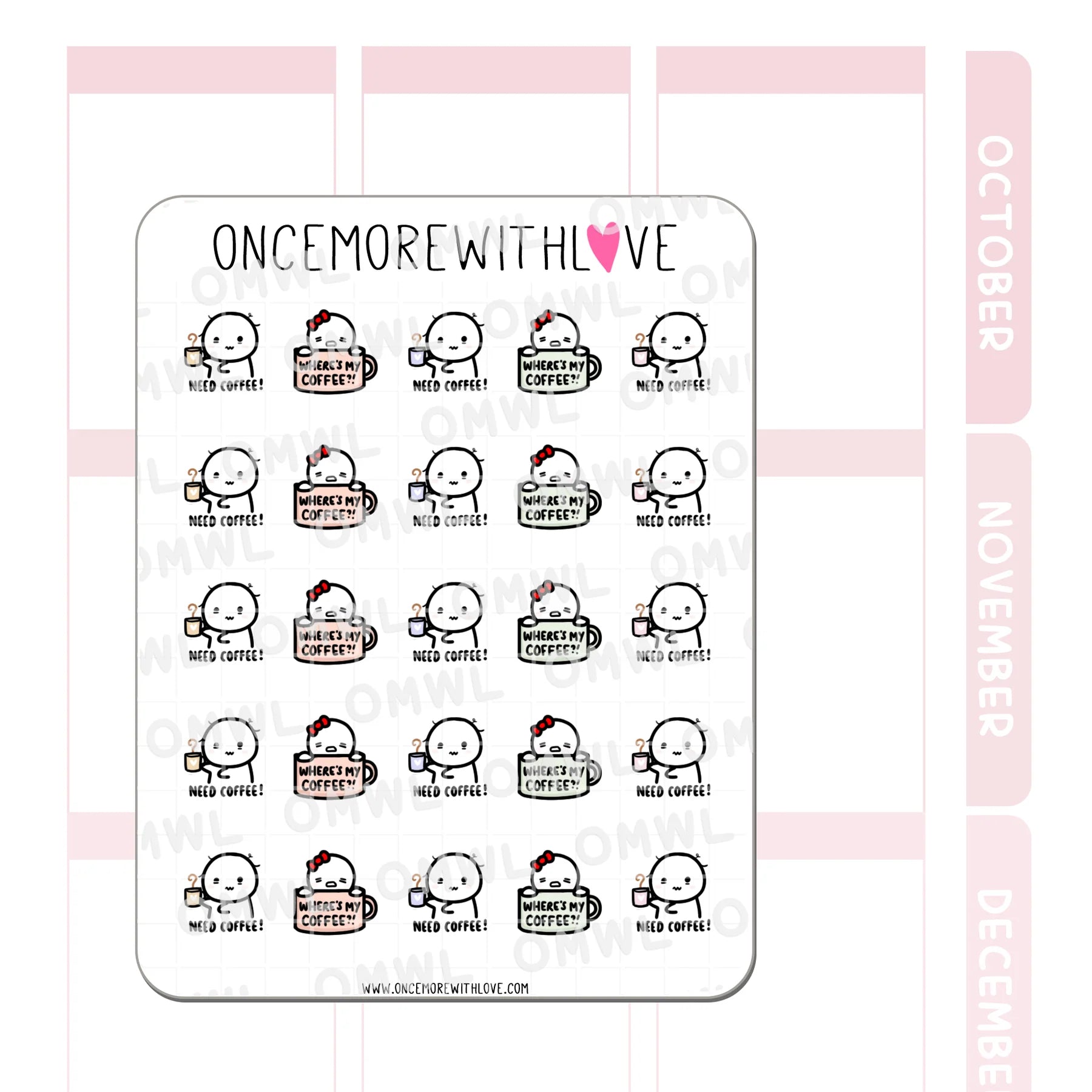 Detail view of the Need Coffee Munchkins Sticker Sheet low-energy morning illustrations