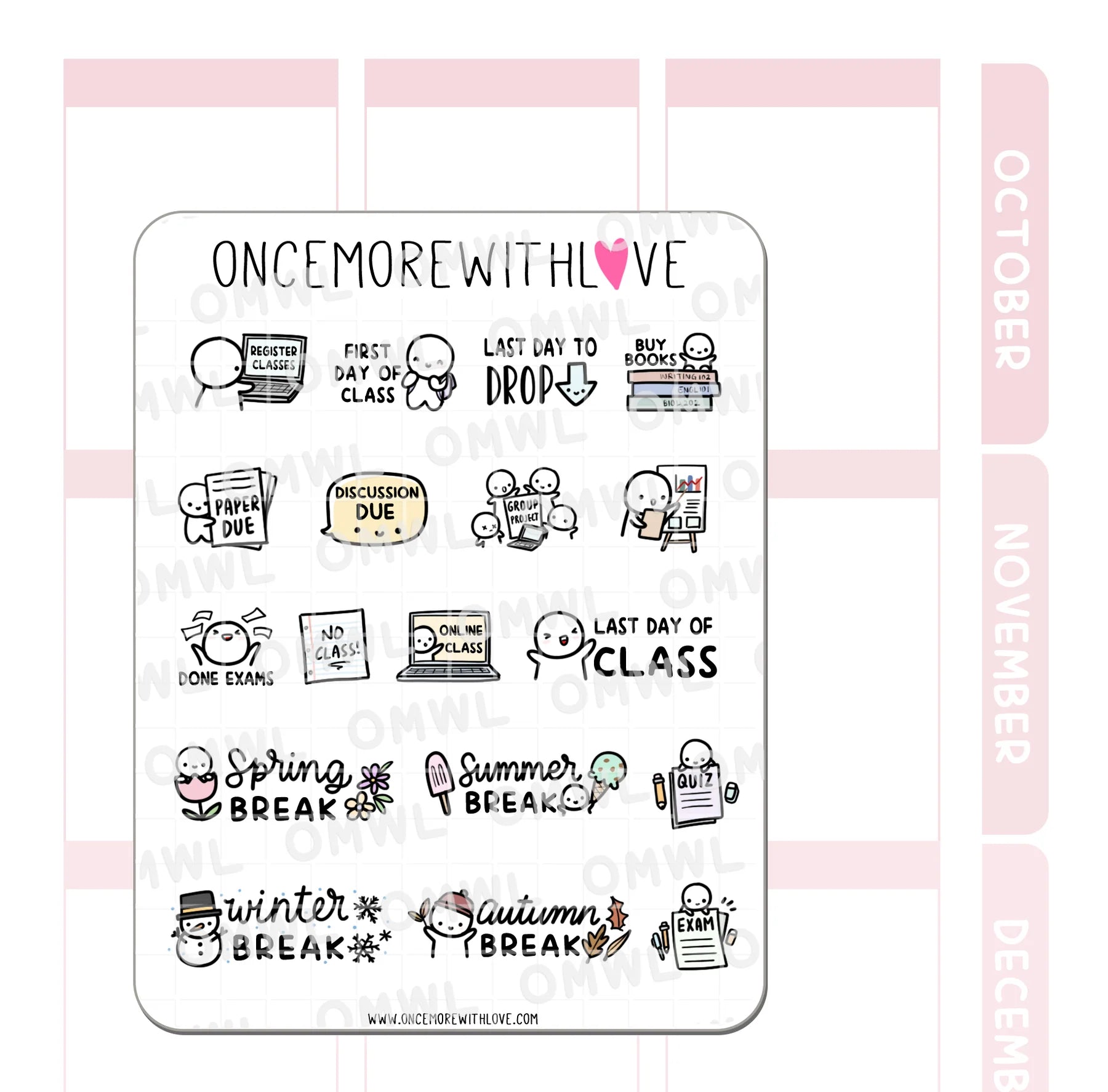Detail view of the University College Mixed Sticker Sheet academic tracking illustrations
