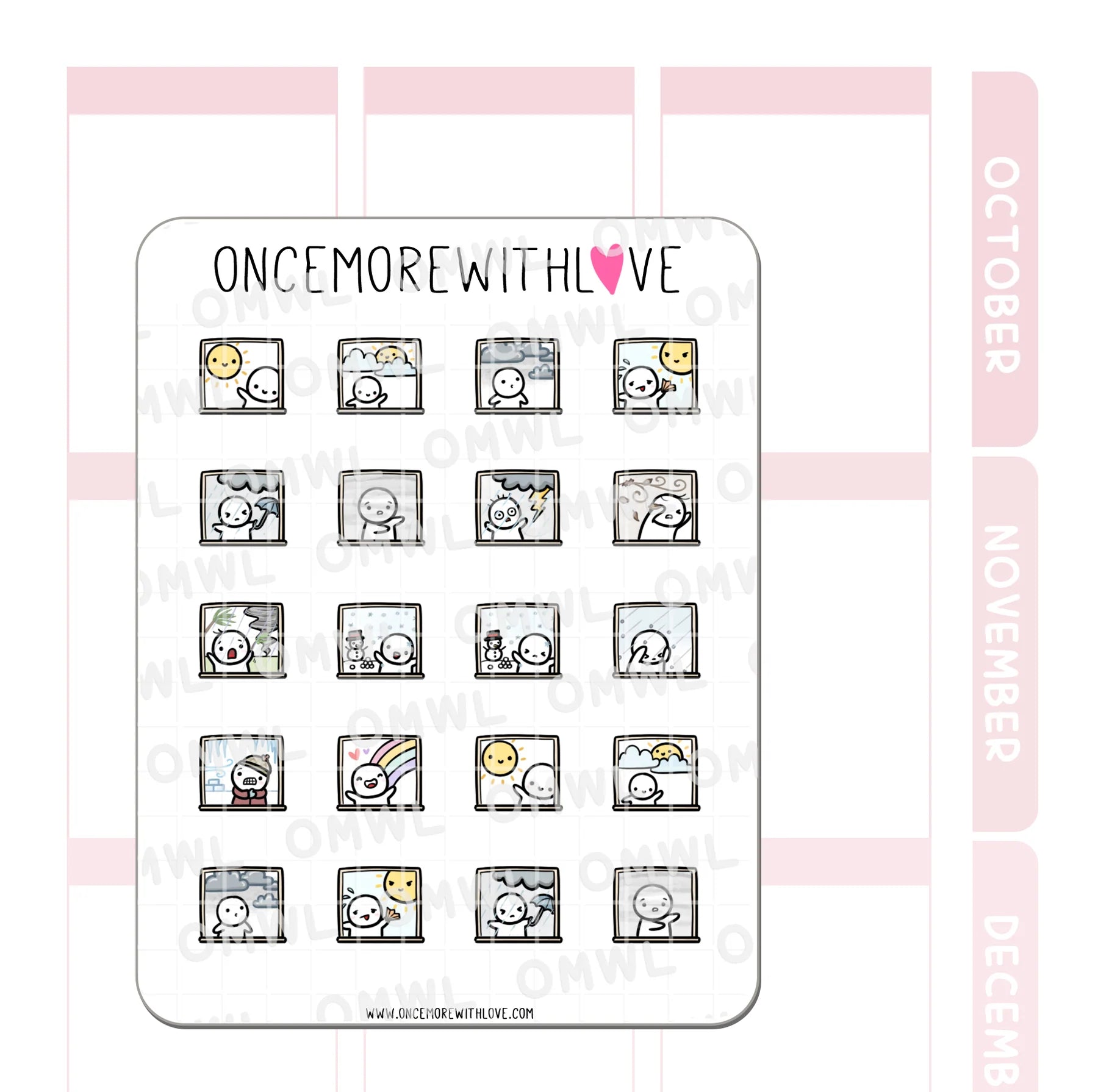 Detail view of the Weather Mixed Munchkins Sticker Sheet daily weather illustrations