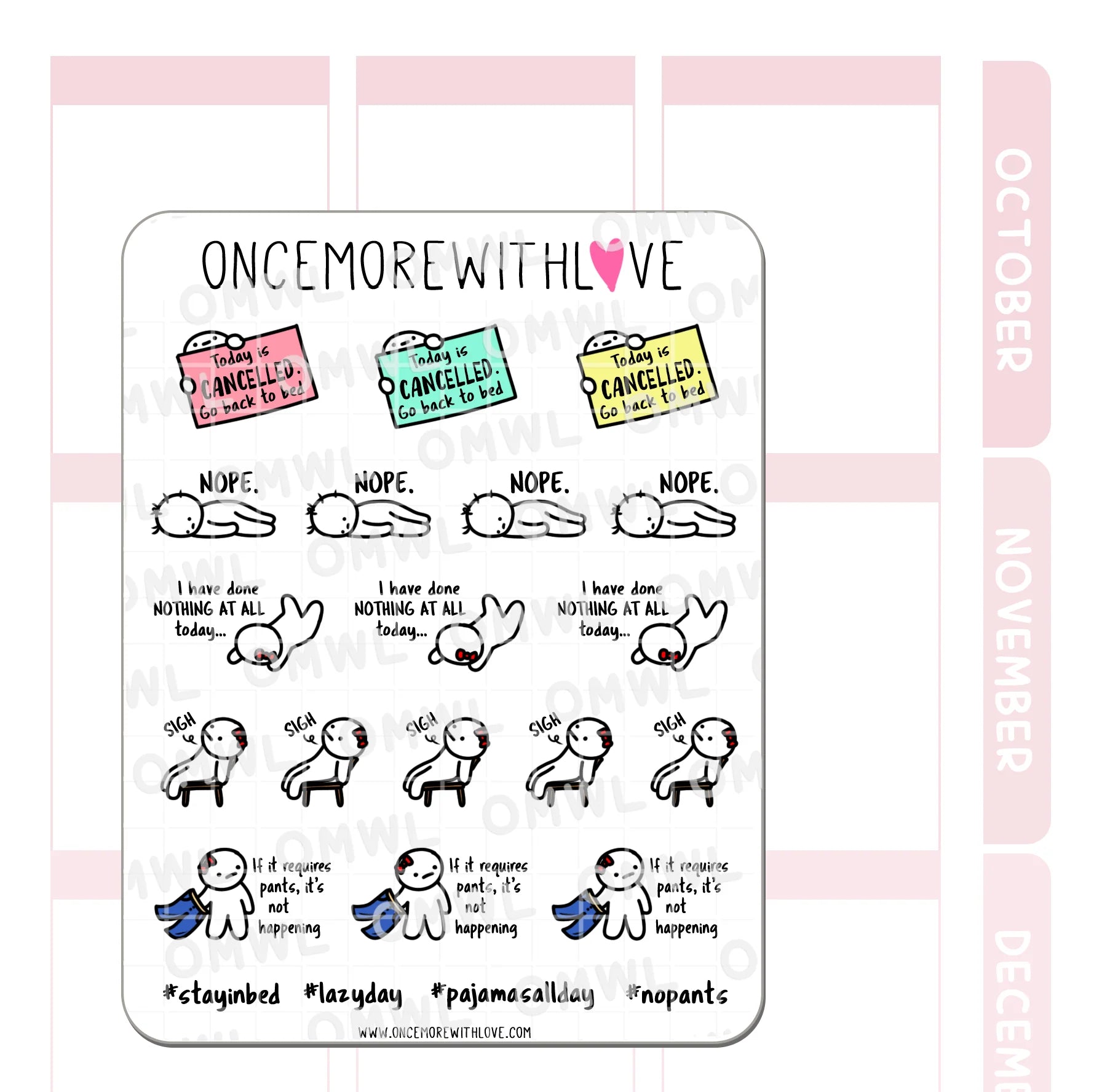 Detail view of the Anti-Adulting Munchkin Sticker Sheet do-nothing-day mood illustrations