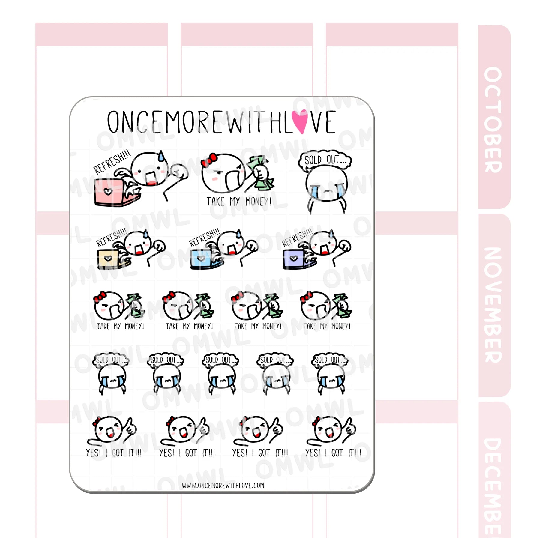 Detail view of the Take My Money Sticker Sheet limited release shopping illustrations