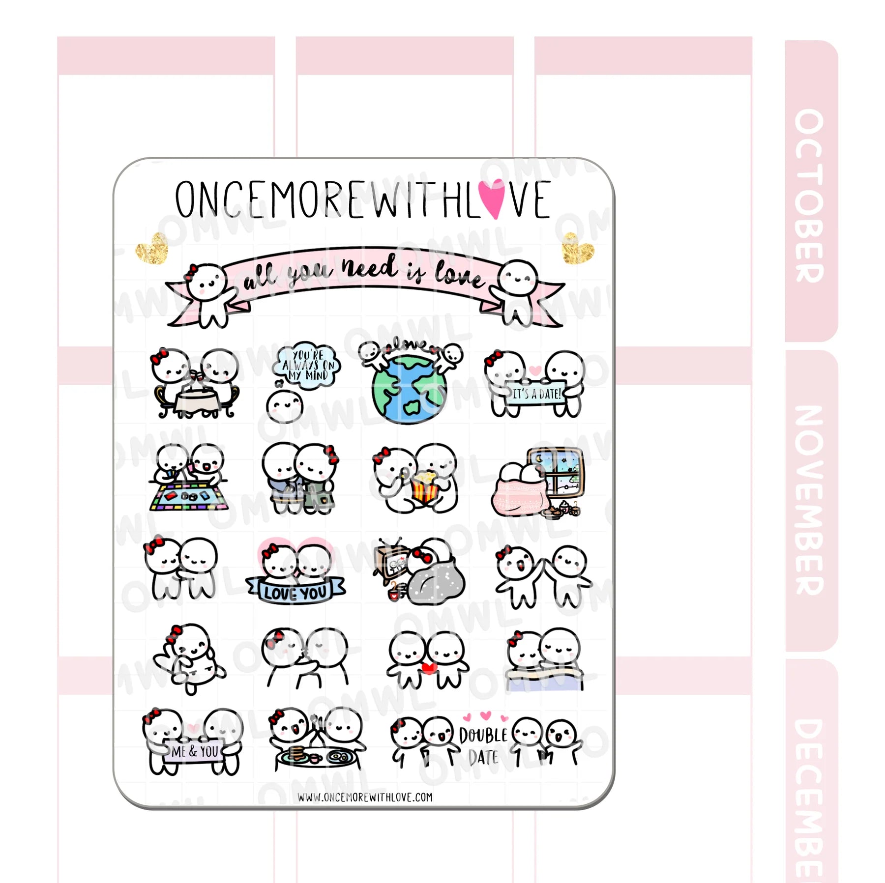 Detail view of the All You Need is Love Sticker Sheet relationship-themed munchkin designs