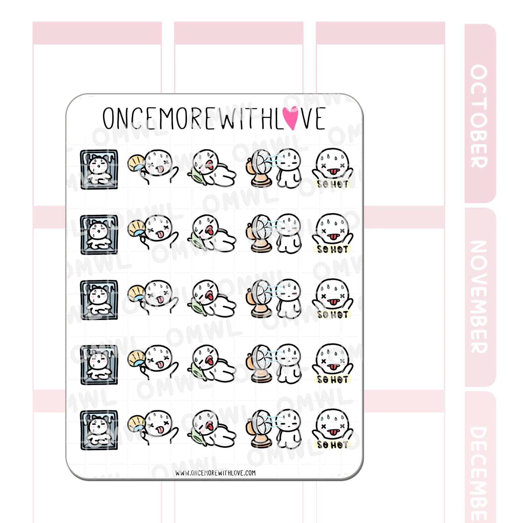 Detail view of the Hot Summer Heat Wave Sticker Sheet summer mood-tracking illustrations