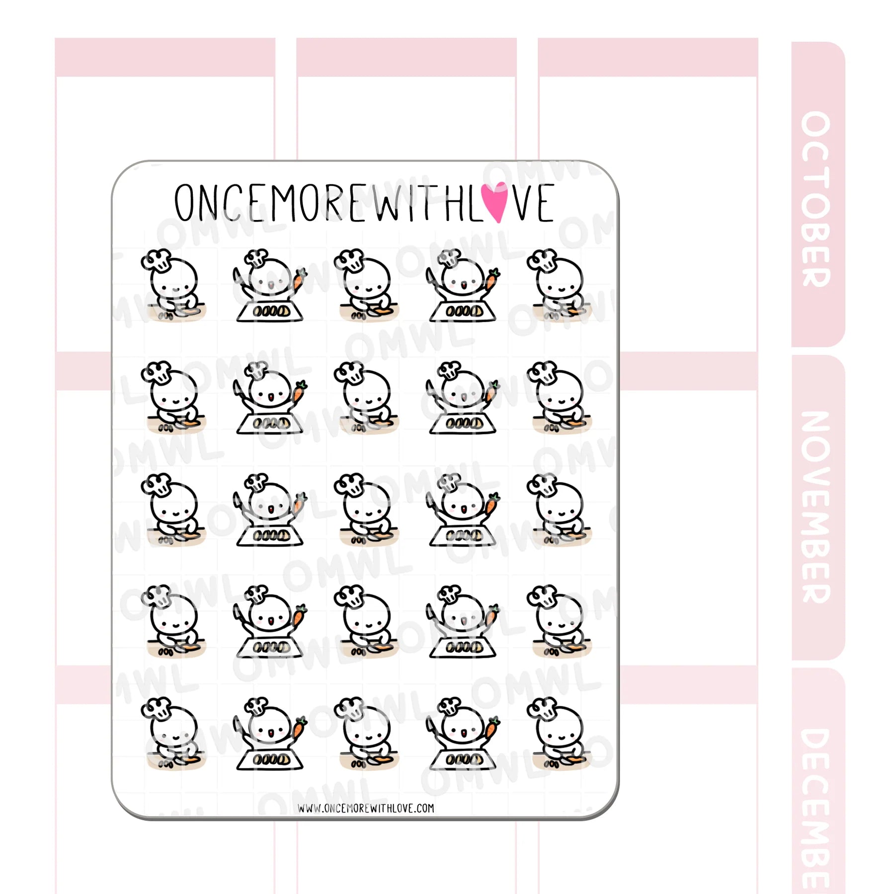 Detail view of the Meal Prep Munchkins Sticker Sheet ingredient prep illustrations