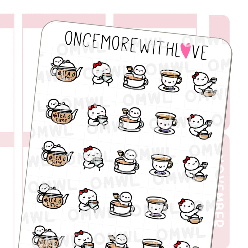 Tea Time 2.0 Sticker Sheet by OnceMoreWithLove with relaxing tea break and cozy routine stickers