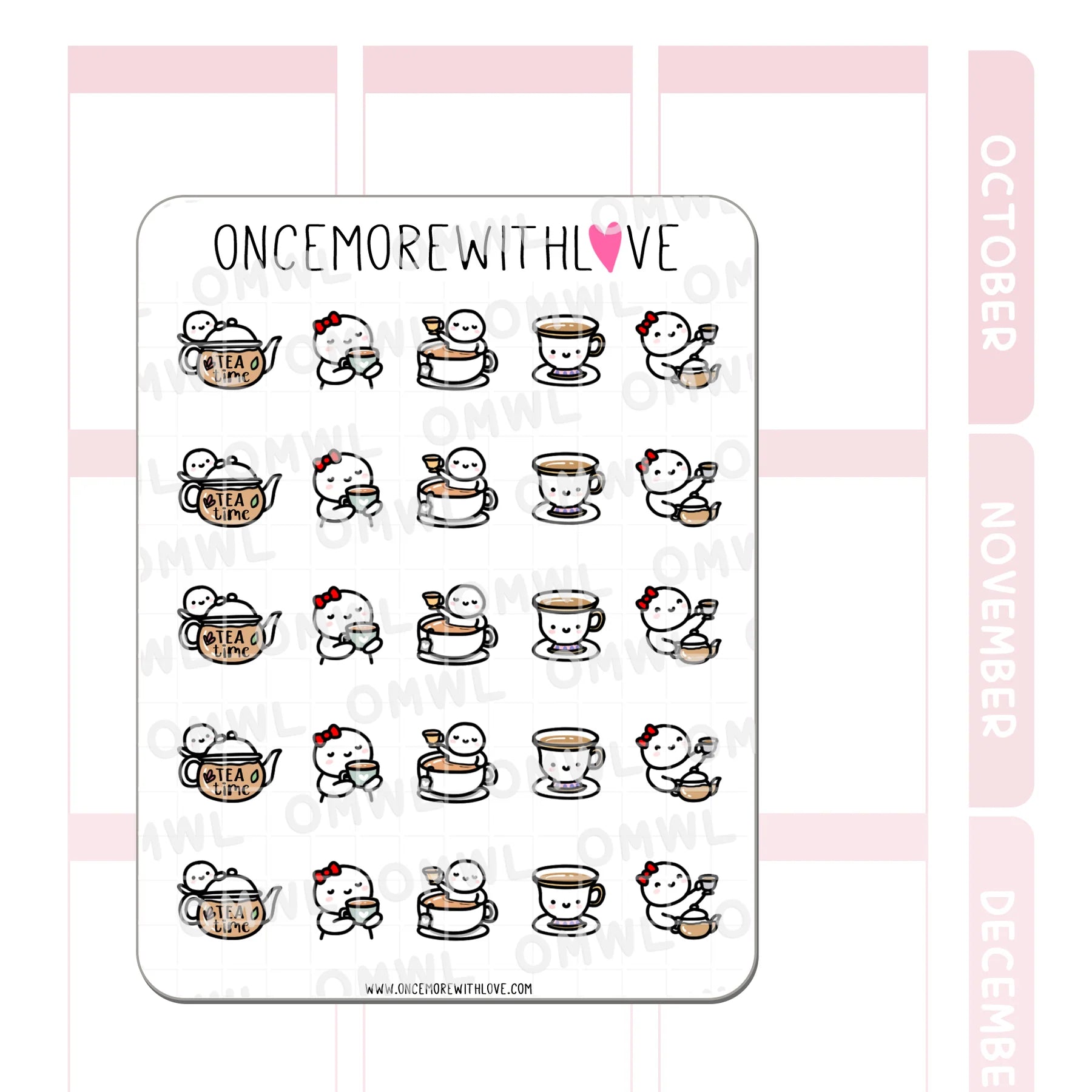Detail view of the Tea Time 2.0 Sticker Sheet cozy tea break moment sticker illustrations