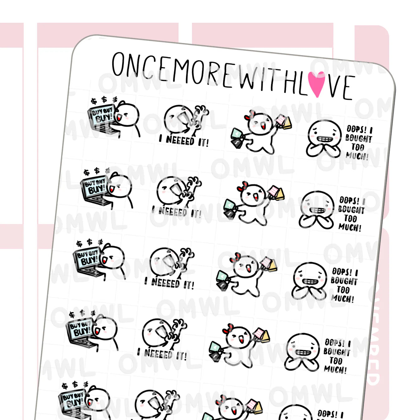 Buy Buy Buy Shopping Spree Sticker Sheet by OnceMoreWithLove with excited shopper munchkins