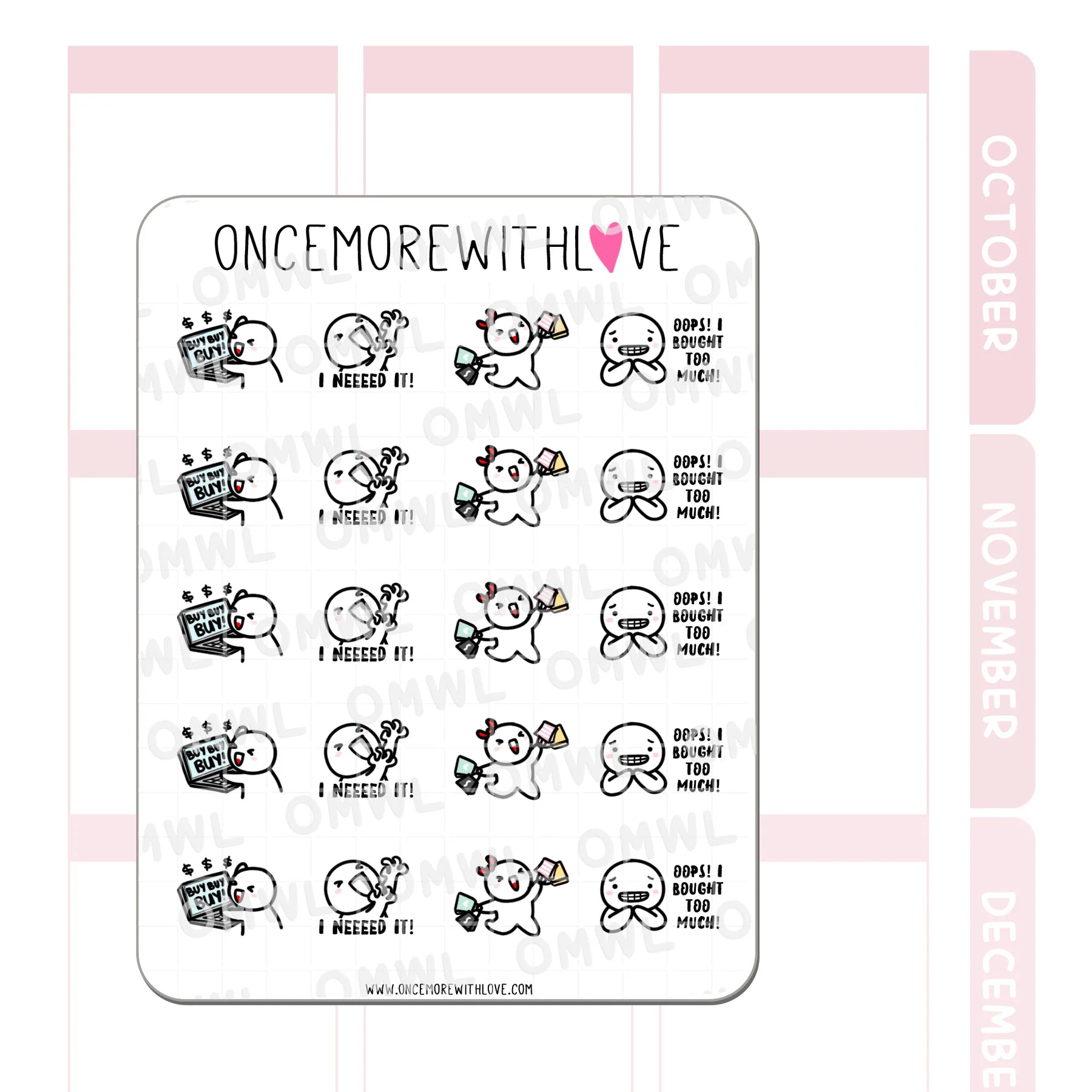 Detail view of the Buy Buy Buy Shopping Spree Sticker Sheet retail-therapy illustrations